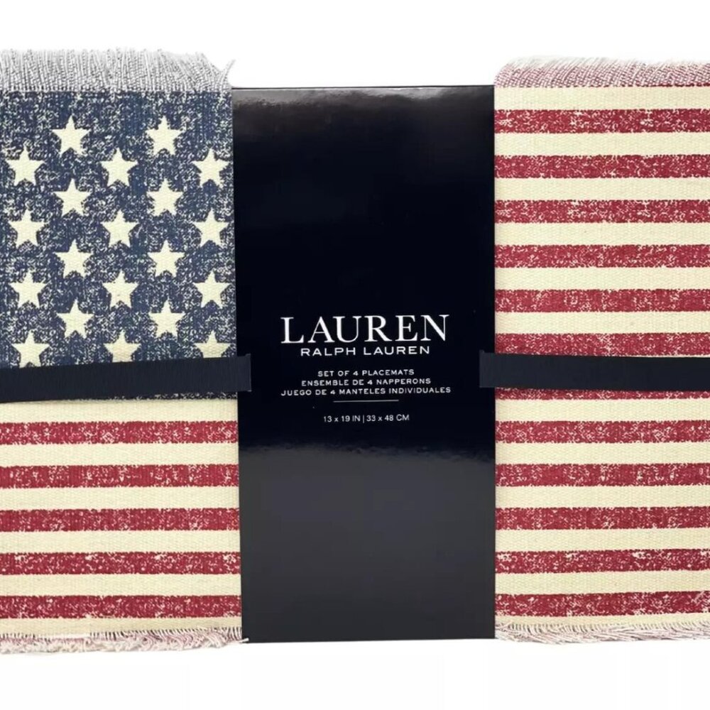 RALPH LAUREN Set of 4 Patriotic Cotton Placemats American Flag Stars Stripes NEW